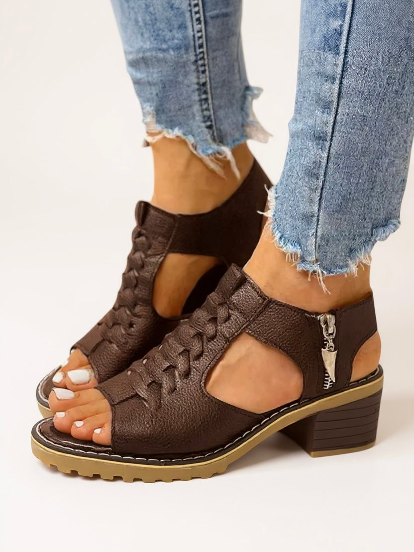 Women's Block Heel Sandals with Cushioned Insole and Adjustable Straps - TrendAura
