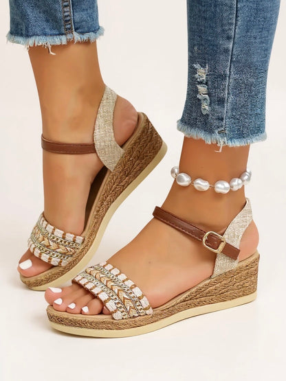 Women's Woven Wedge Sandals with Cushioned Footbed and Adjustable Strap
