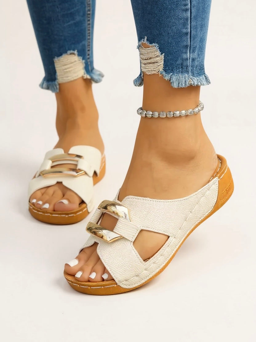 Women's Cushioned Adjustable Slides with Buckle and Comfort