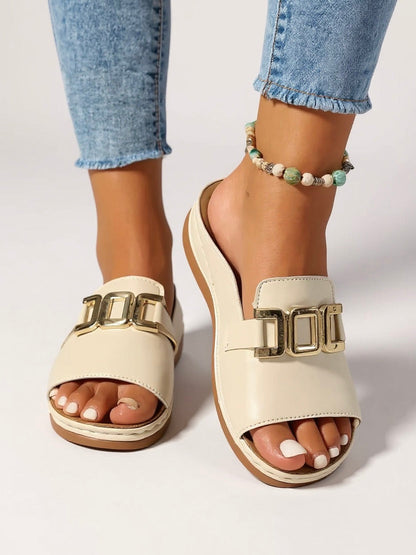 Women's Cushioned Buckle Slides with Adjustable Strap and Soft Footbed