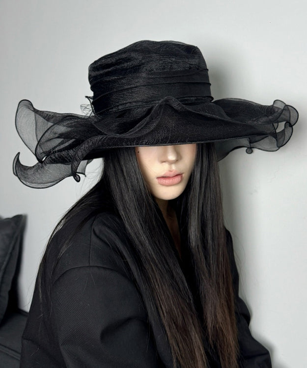 Chapeau de soleil italien noir à volants en organza - TrendAura