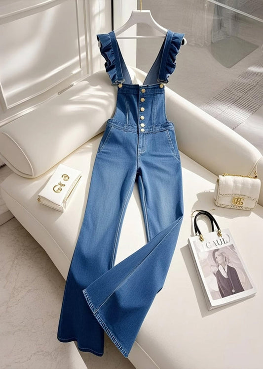 Combinaison en jean patchwork à volants bleu italien pour l'automne - TrendAura