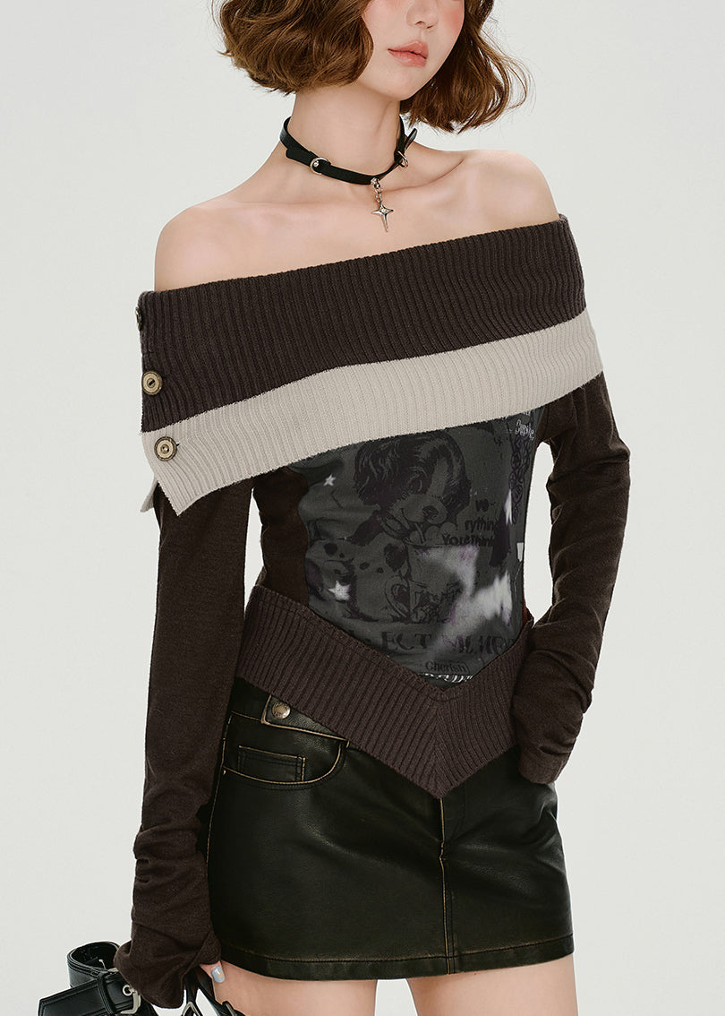 Chemises en maille patchwork à épaules dénudées couleur chocolat italien Printemps - TrendAura