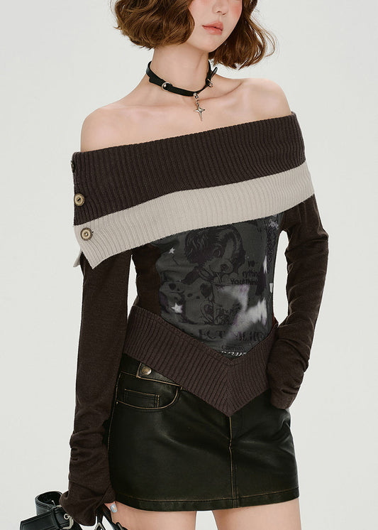 Chemises en maille patchwork à épaules dénudées couleur chocolat italien Printemps - TrendAura