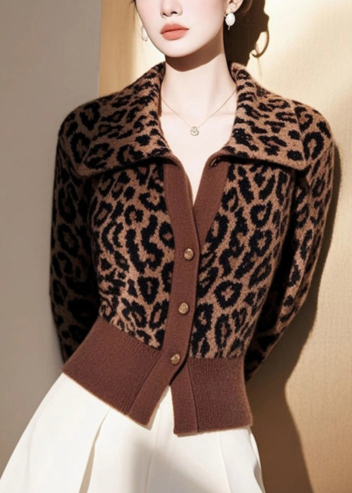 Cardigans en tricot à boutons et col Peter Pan motif léopard italien, printemps - TrendAura