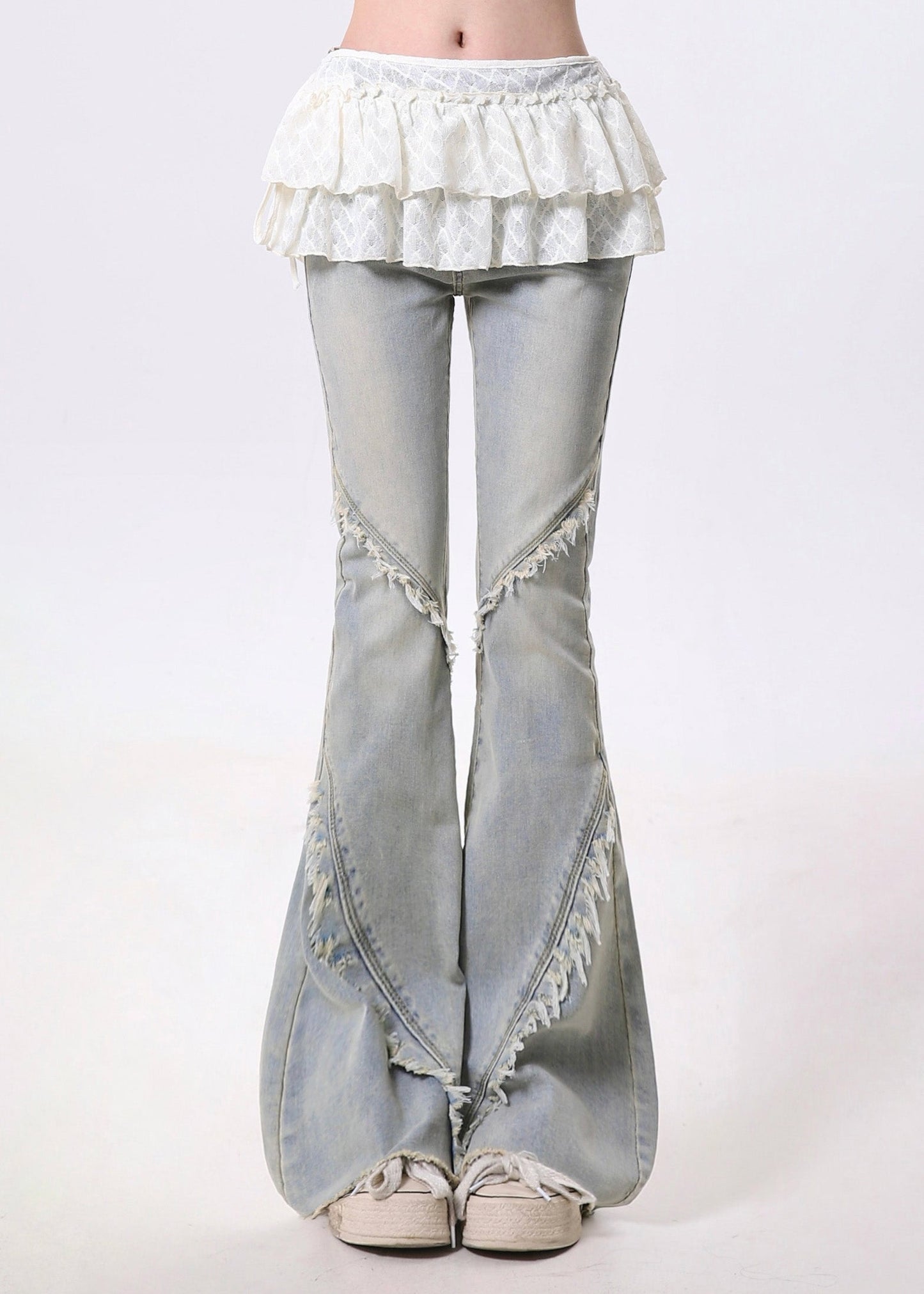 Pantalon en denim bleu clair italien à volants et à franges, style patchwork, à pattes d'éléphant, printemps - TrendAura