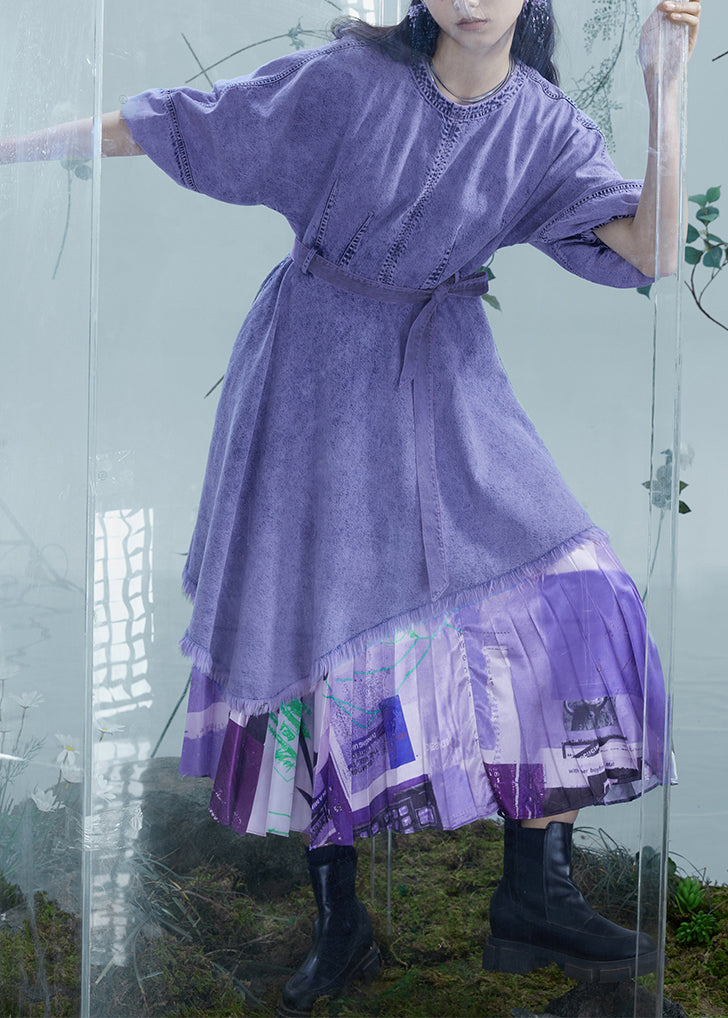 Robe en jean patchwork asymétrique violet italien à manches lanternes - TrendAura