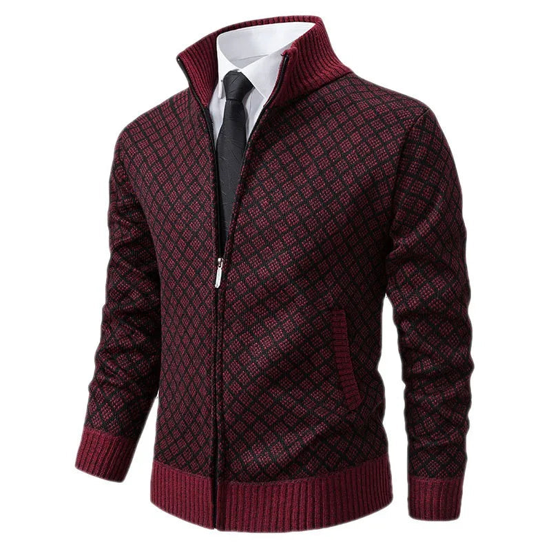 Mens Cardigan With Zipper And High Collar Patterned Knit Ribbed Edges And Front Pockets