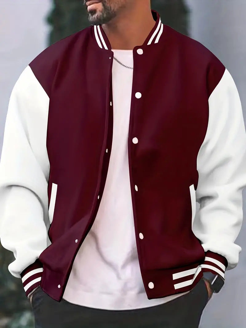 Timothy Men's Retro Letterman Style Varsity Jacket With Black Body And White Sleeves