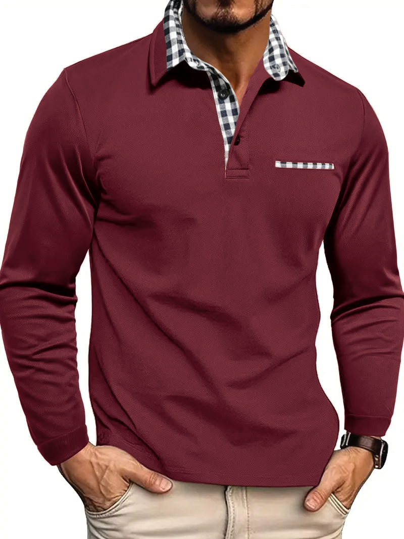 Jaxon Mens Long Sleeve Polo Shirt With Checkered Collar Trim And Soft Cotton Blend For Smart Casual Layering