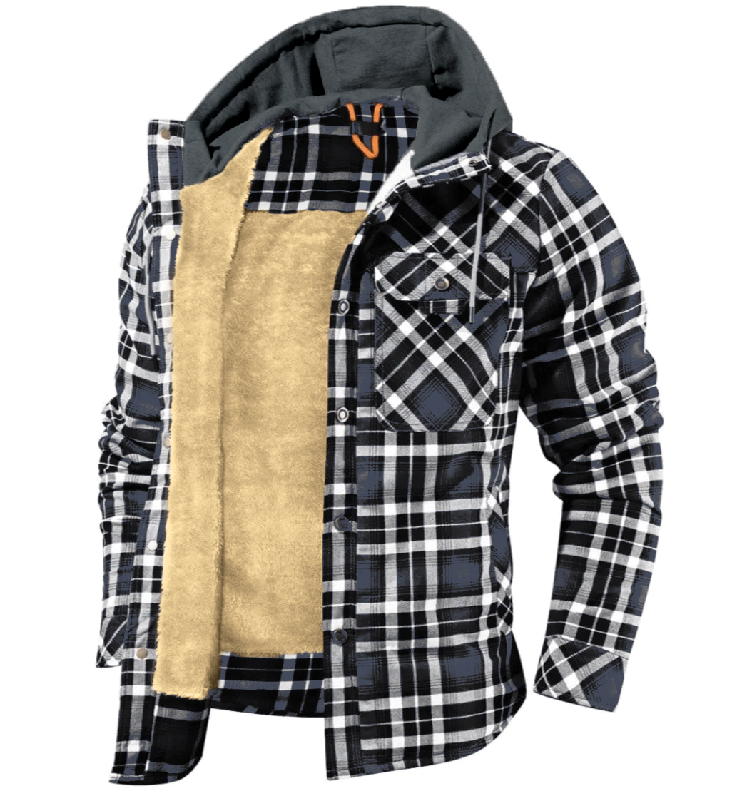 Nolan Plaid Hoodie Jacket For Men Warm Fleece Lined Winter Coat With Button Up Design By TrendAura