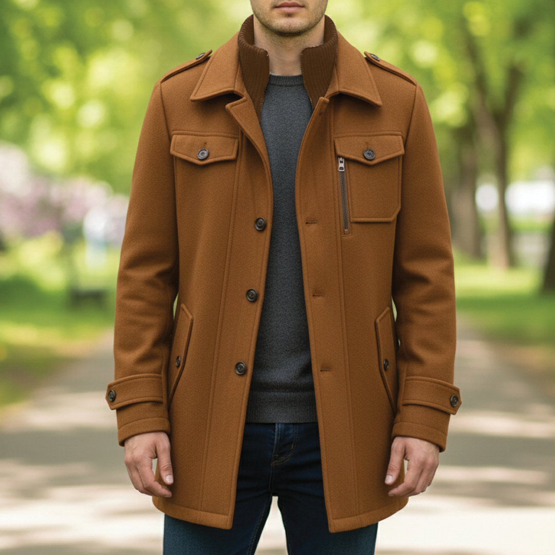 Maverick Wool Blend Coat For Men Notched Lapel With Zip And Button Closure Mid Thigh Length