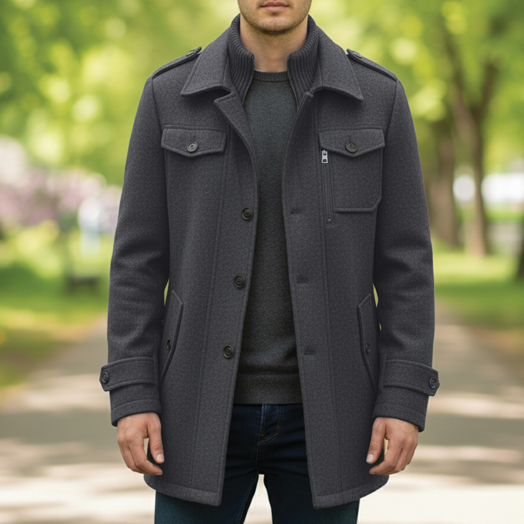Maverick Wool Blend Coat For Men Notched Lapel With Zip And Button Closure Mid Thigh Length