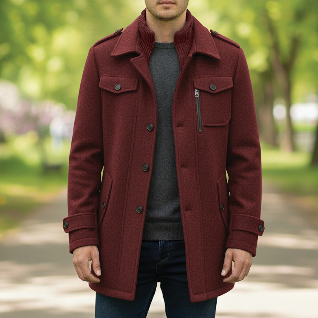 Maverick Wool Blend Coat For Men Notched Lapel With Zip And Button Closure Mid Thigh Length