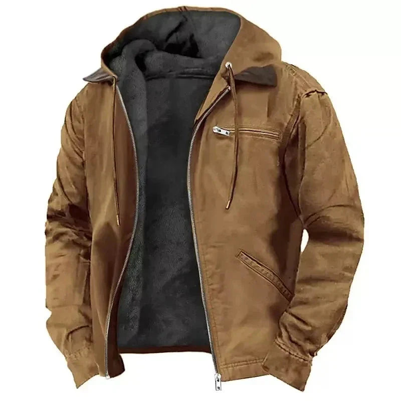 Men's Thick Hooded Winter Jacket With Plush Fleece Lining Heavy Duty Zipper And Practical Pockets