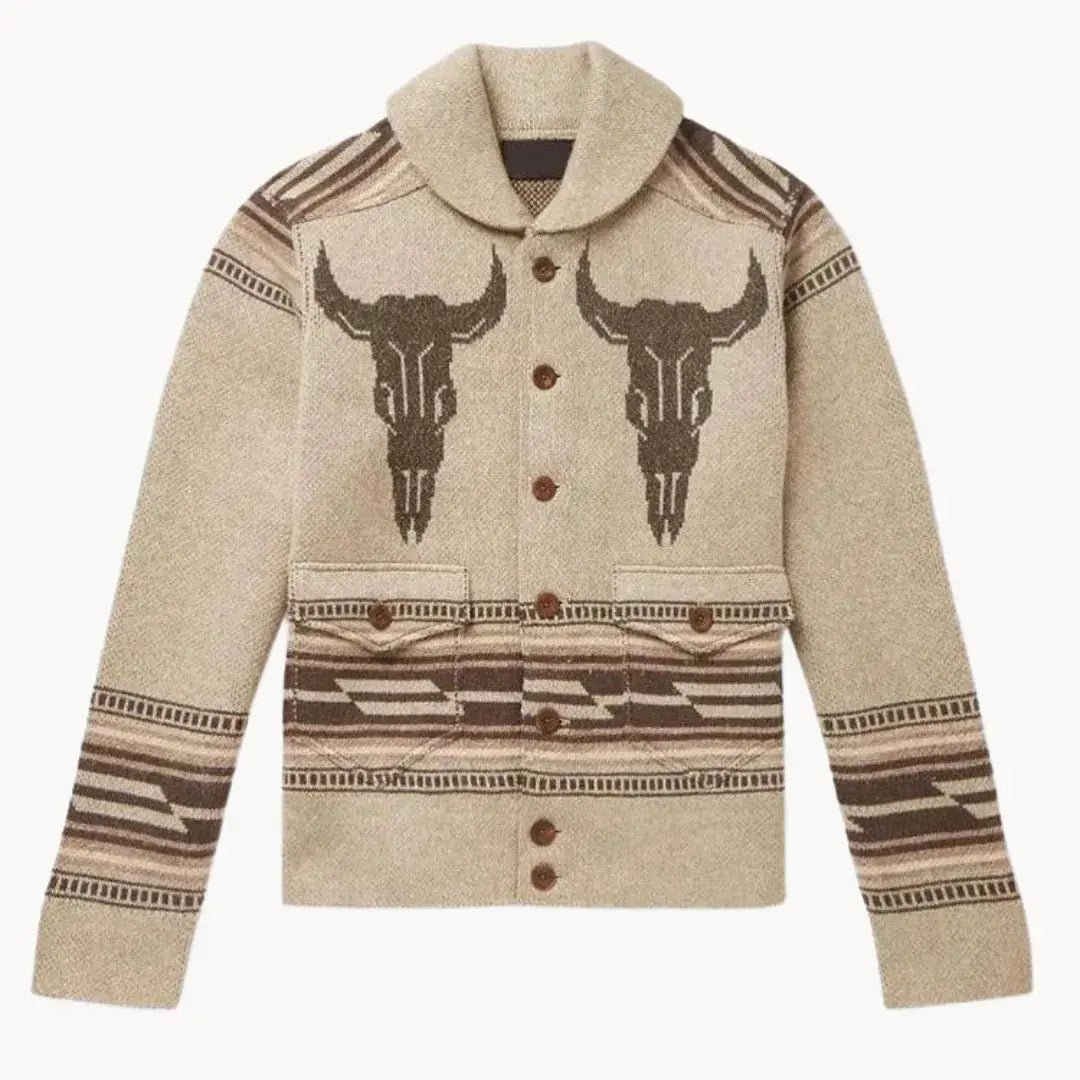 Jackson Frontier Wool Cardigan With Western Longhorn Skull Pattern And Cozy Wool Blend