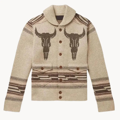 Jackson Frontier Wool Cardigan With Western Longhorn Skull Pattern And Cozy Wool Blend
