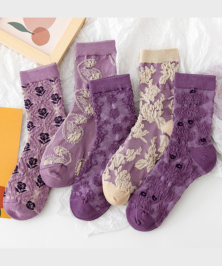 Chaussettes mi-mollet polyvalentes en jacquard violet de style japonais pour l'automne - TrendAura