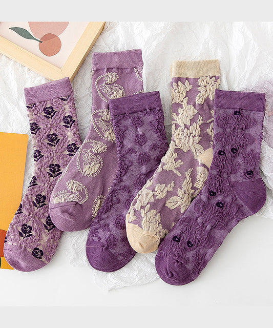 Chaussettes mi-mollet polyvalentes en jacquard violet de style japonais pour l'automne - TrendAura