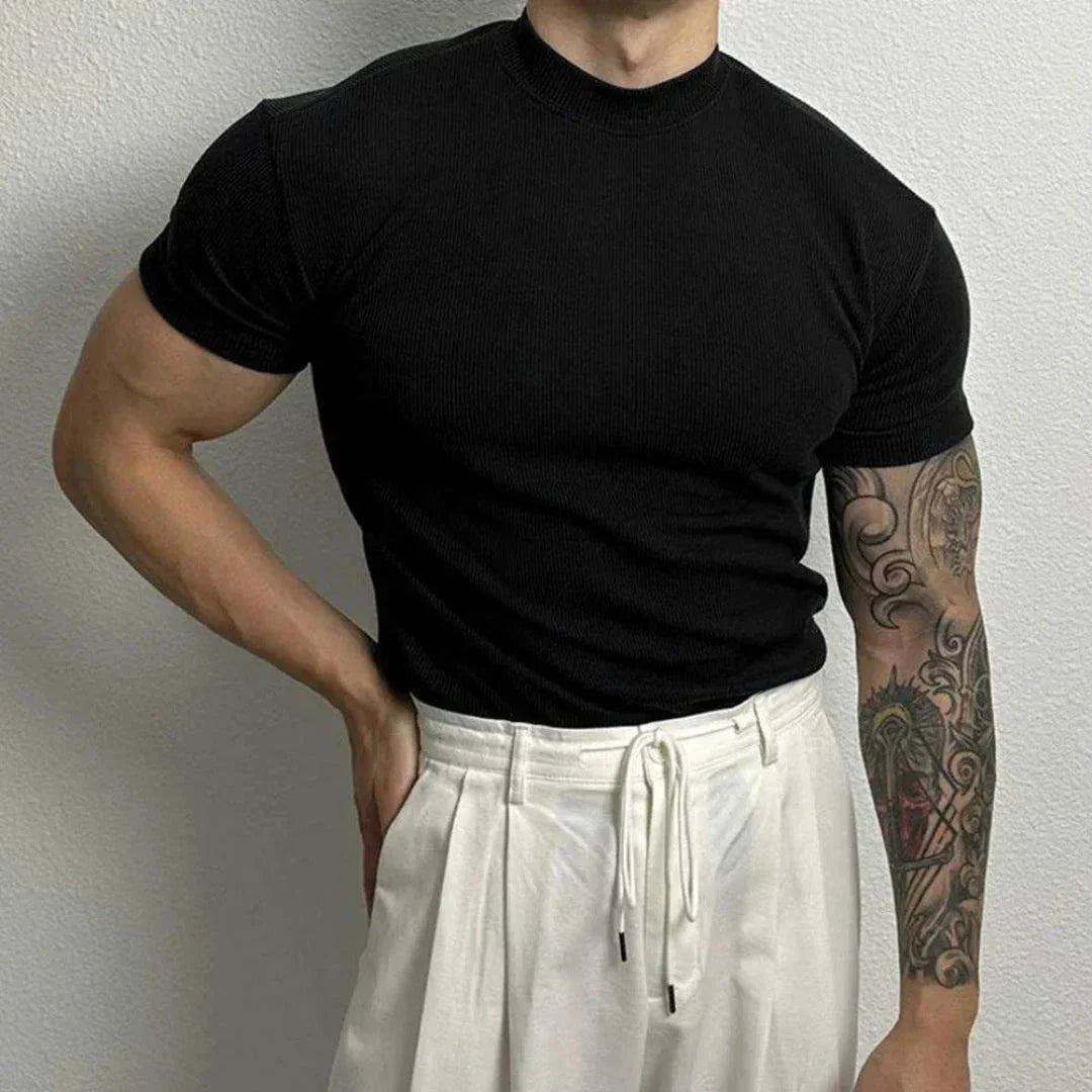 Waylynn Jaxon Ribbed Mock Neck Short Sleeve T Shirt For Men Cotton Spandex Comfortable Fitted Top