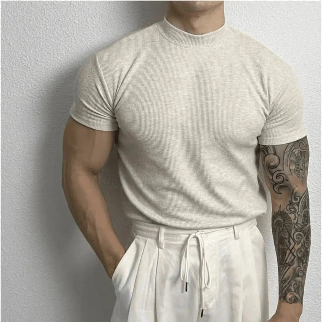 Waylynn Jaxon Ribbed Mock Neck Short Sleeve T Shirt For Men Cotton Spandex Comfortable Fitted Top