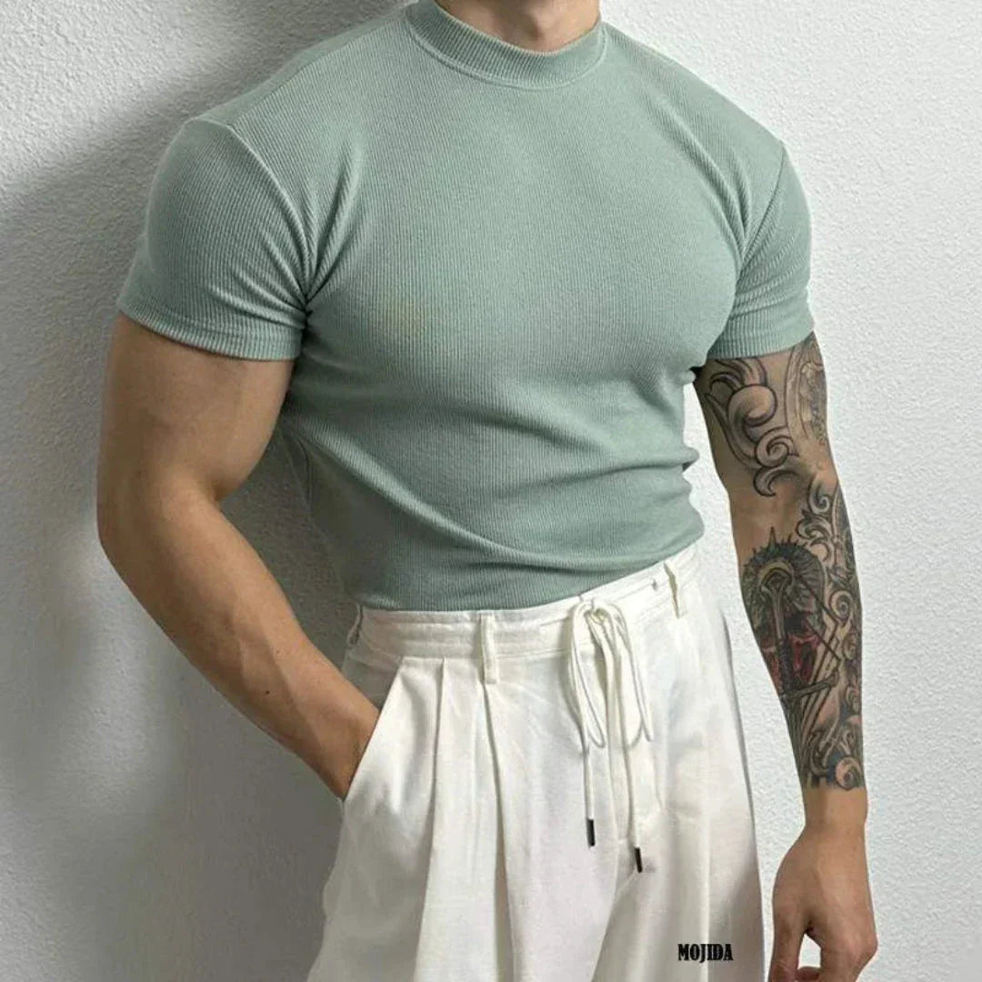 Waylynn Jaxon Ribbed Mock Neck Short Sleeve T Shirt For Men Cotton Spandex Comfortable Fitted Top
