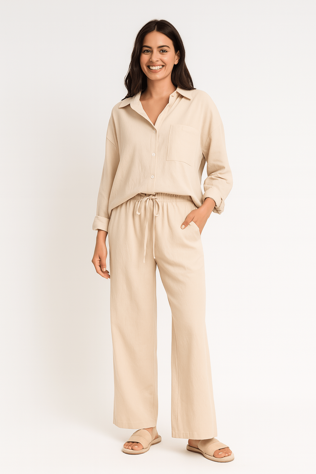 2-piece set with loose blouse and pants – breathable cotton-linen blend