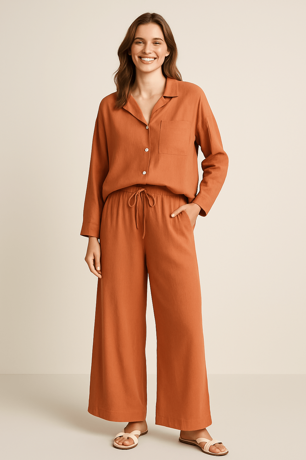 2-piece set with loose blouse and pants – breathable cotton-linen blend