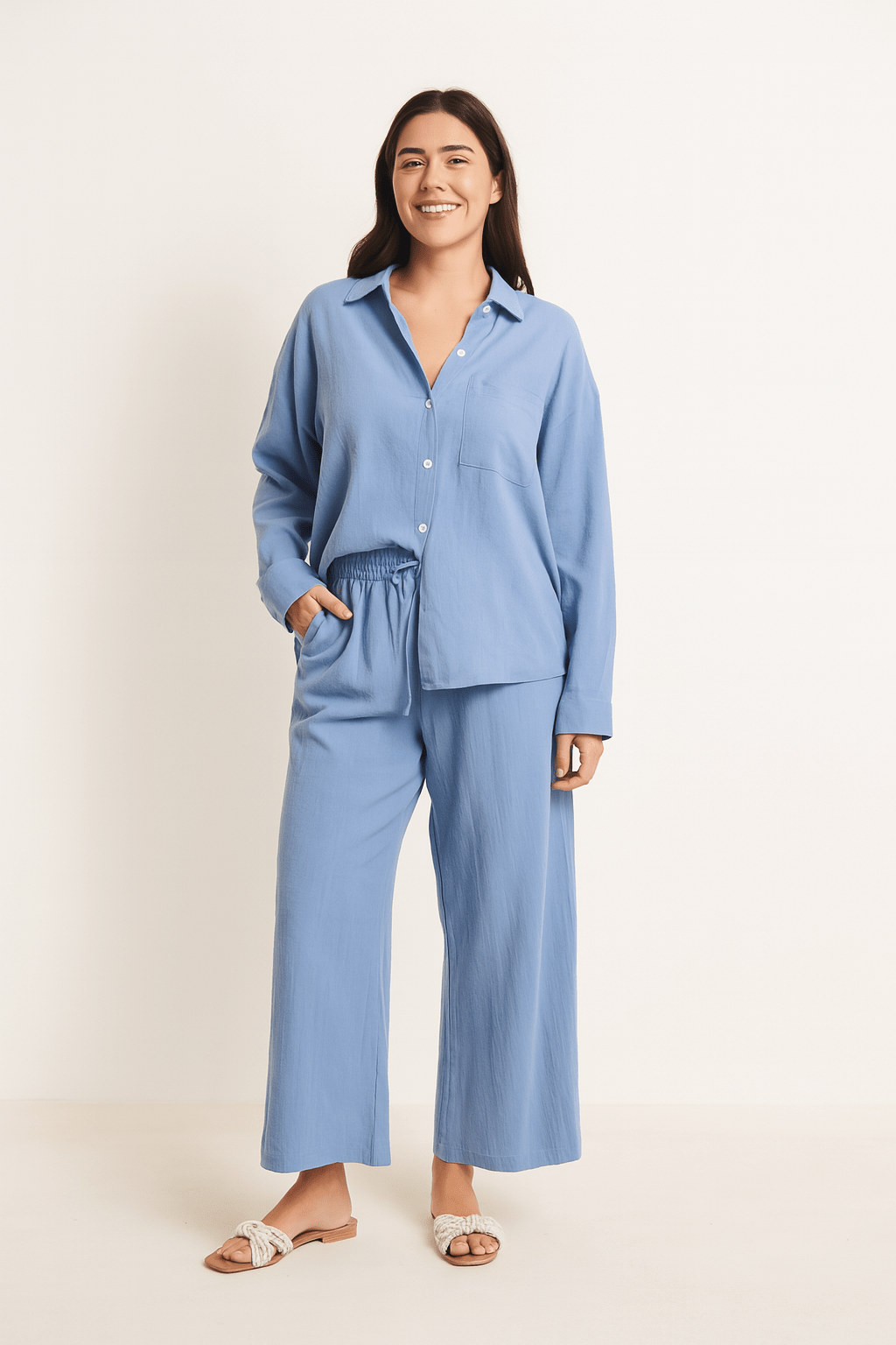 2-piece set with loose blouse and pants – breathable cotton-linen blend