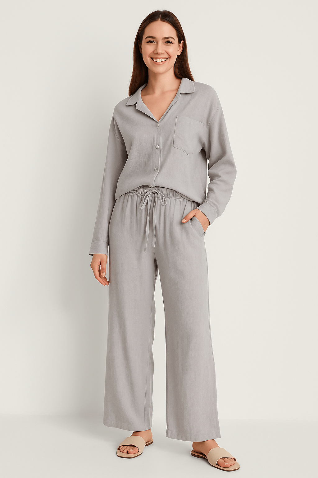 2-piece set with loose blouse and pants – breathable cotton-linen blend