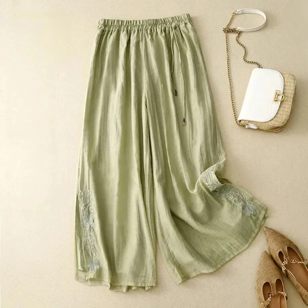 Julia Embroidered Wide-Leg Linen Pants