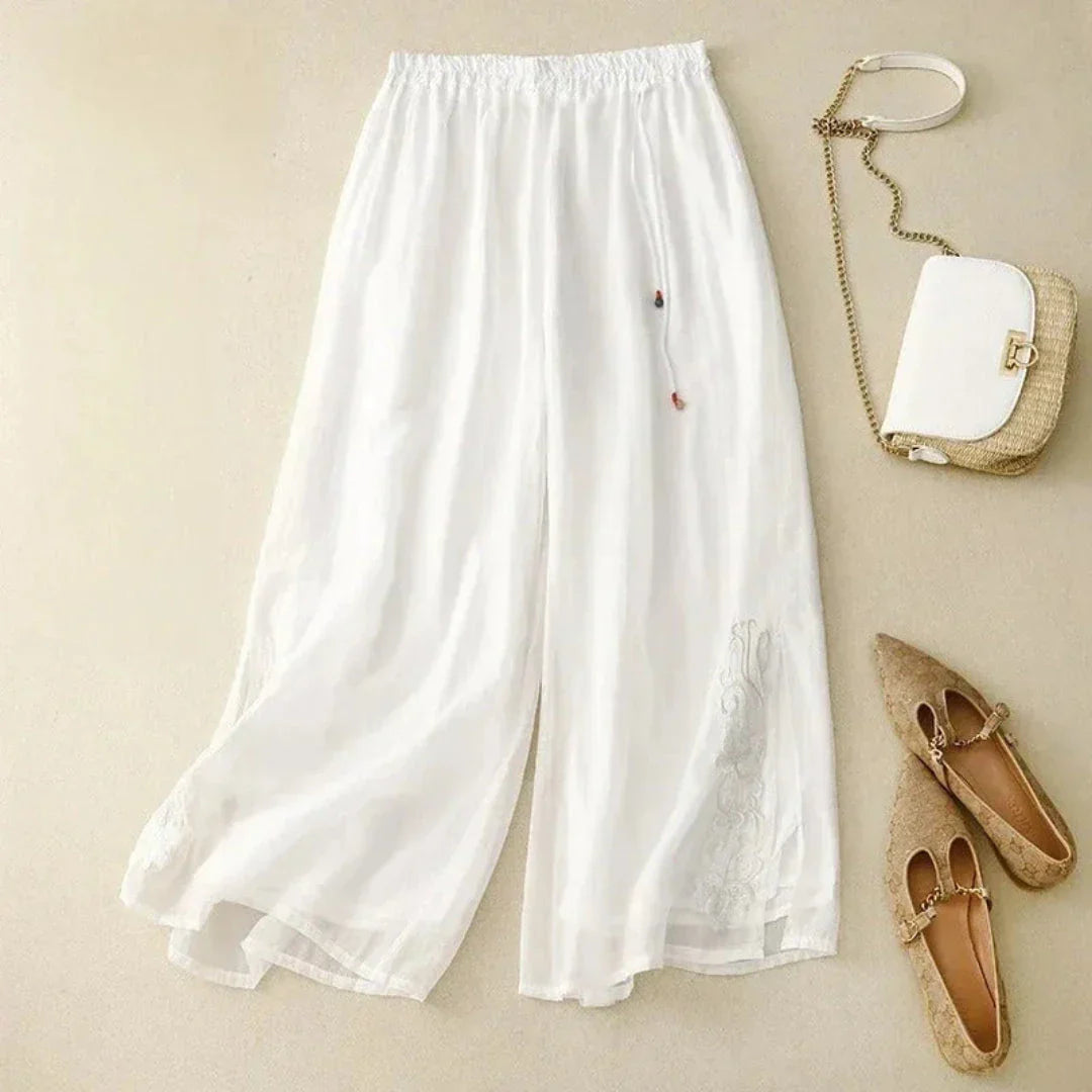 Julia Embroidered Wide-Leg Linen Pants