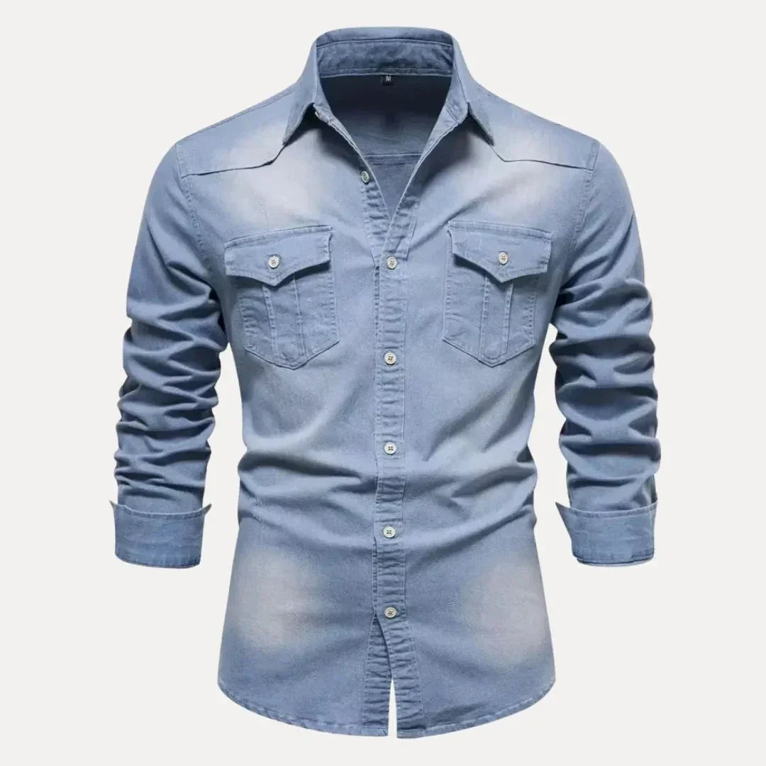Kael Long Sleeve Denim Shirt For Men Button Down Western Style With Vintage Wash