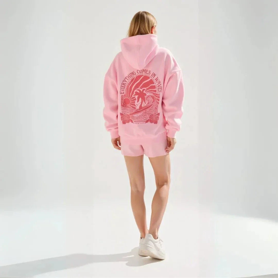 Waylynn Kai Tropical Graphic Hoodie - Oversized Relaxed Fit With Palm Tree Print And Wave Motto