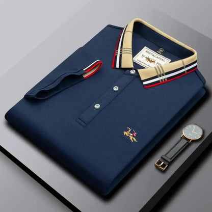 Kairo Classic Polo Shirt For Men By TrendAura Navy With Contrast Striped Collar And Three Button Placket
