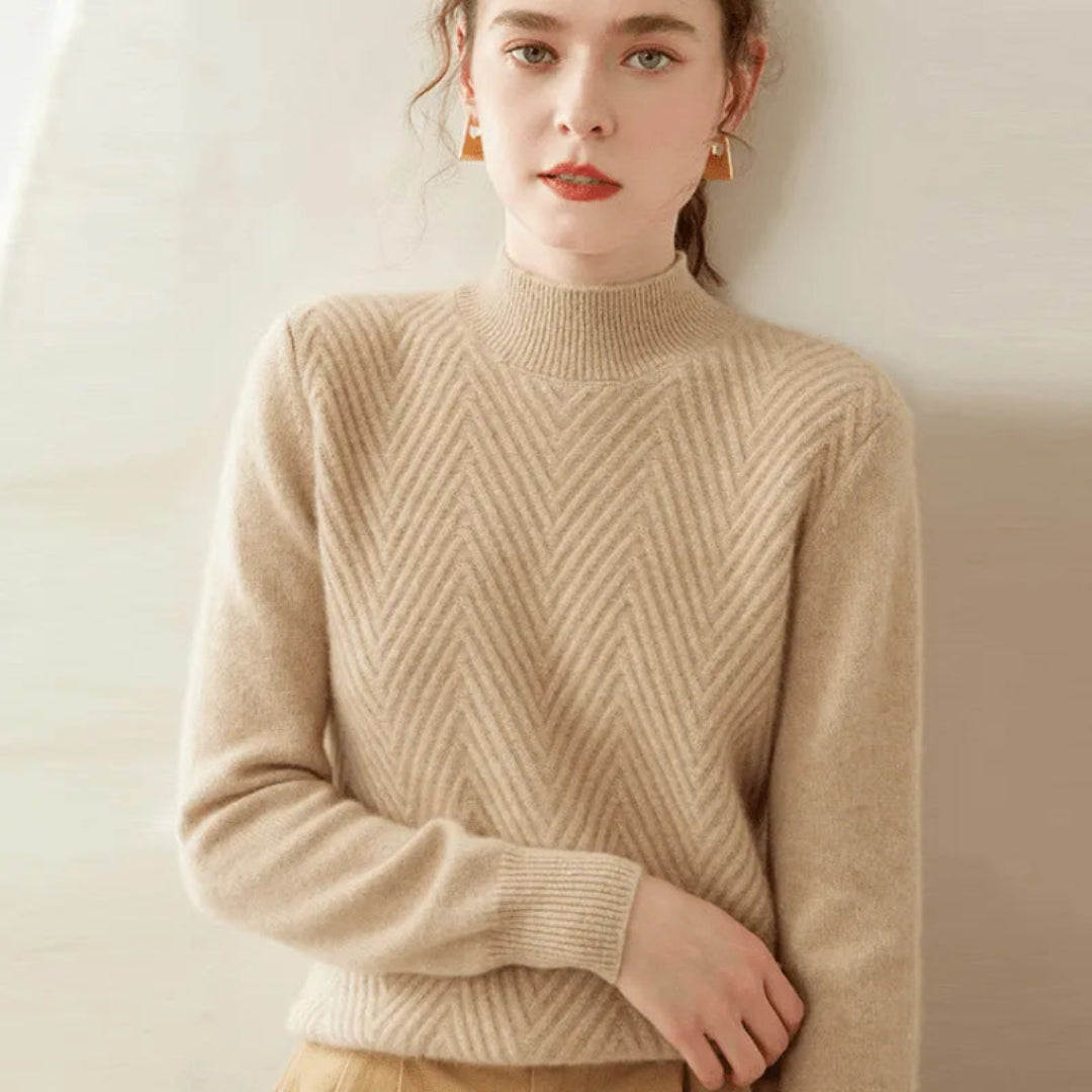 Luxurious Womens Cashmere Pullover With Chevron Pattern And Mock Neck For Elegant Winter Style