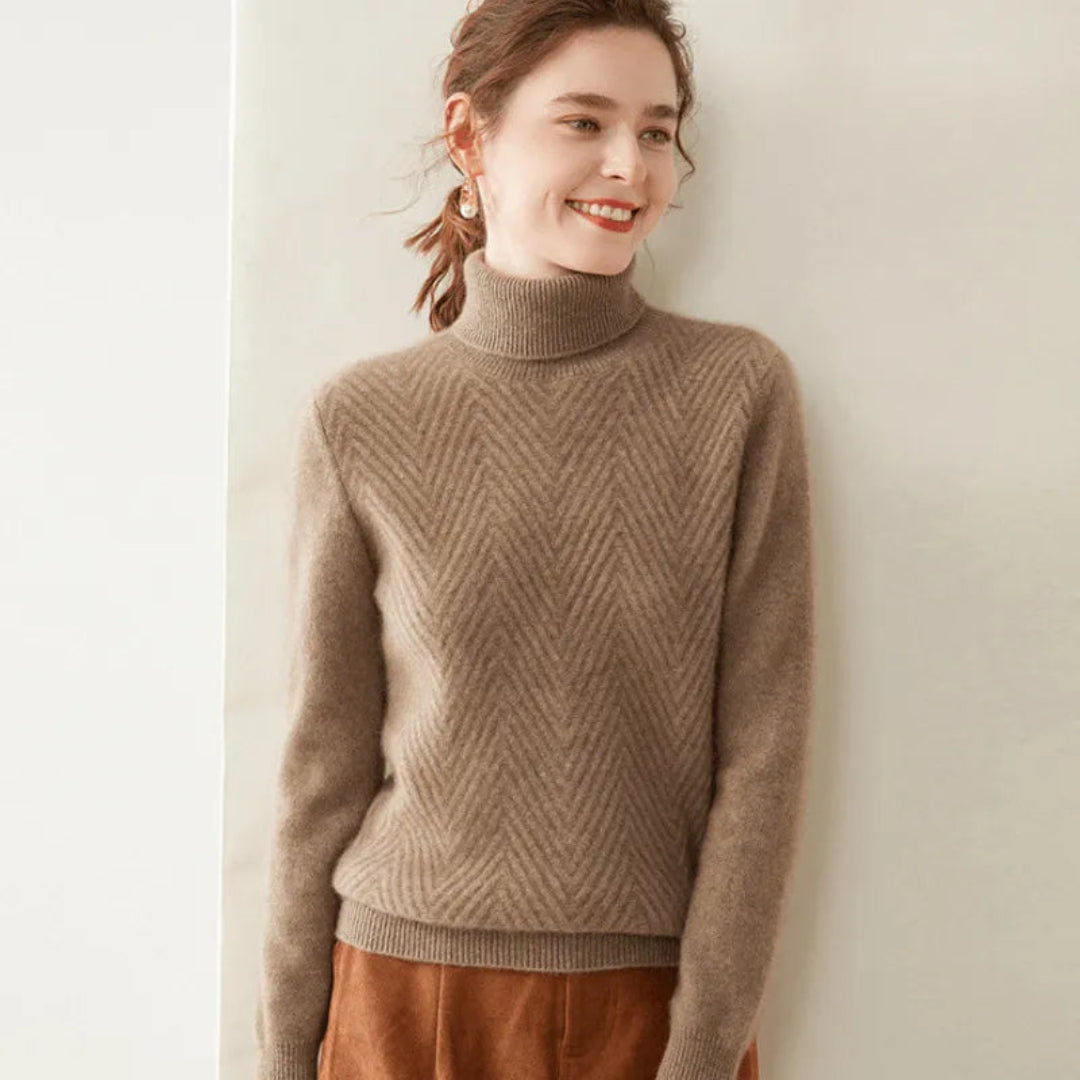 Luxurious Womens Cashmere Pullover With Chevron Pattern And Mock Neck For Elegant Winter Style