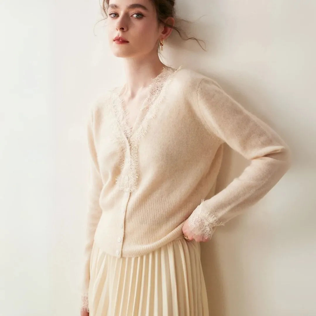 Cashmere cardigan with lace accents