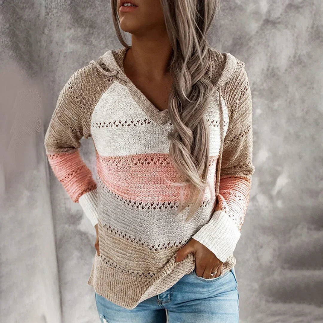 Women’s Pullover Top – Relaxed Fit – Cotton Knit – V-Neck Hoodie – Textured Pattern