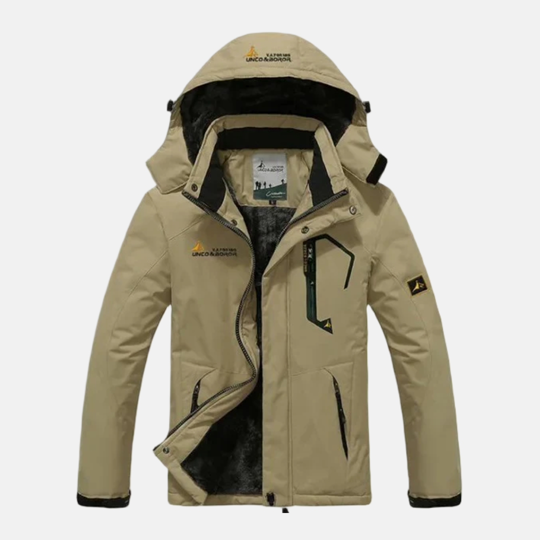 Mens Hooded Woven Shell Jacket With Stand Up Collar And Plush Fleece Lining For Winter Weather Relaxed Fit Hip Length