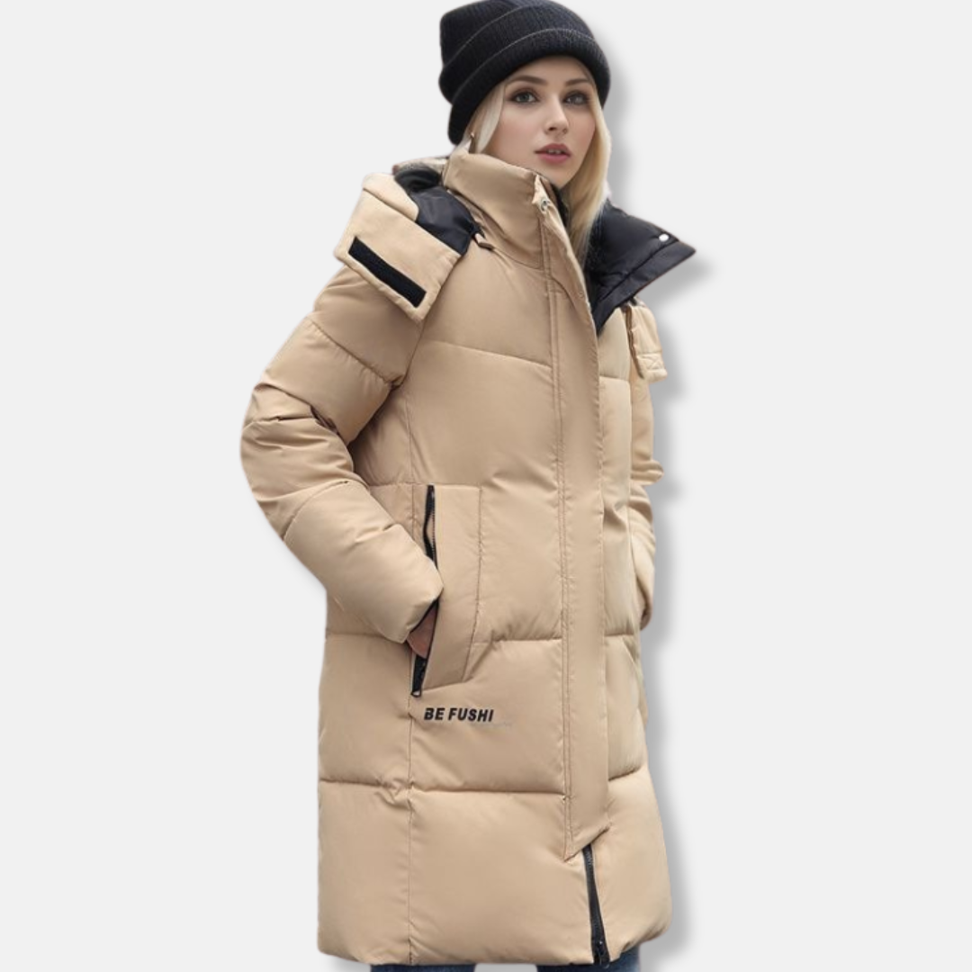 Women’s Puffer Coat - Mid-Thigh Length - High Collar with Hood