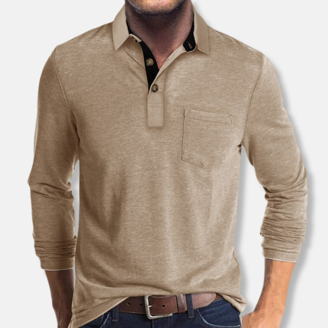 Men's Cotton Blend Long Sleeve Polo Shirt Regular Fit With Contrast Collar For Smart Casual Wear
