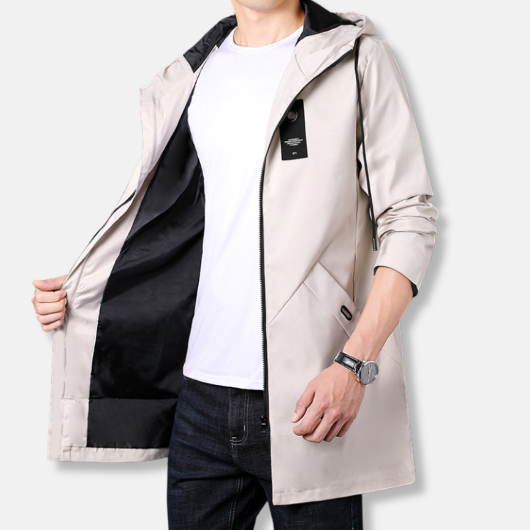 Men's Hooded Coat With Zipper Closure In Woven Fabric For Smart Casual Style Mid Thigh Length