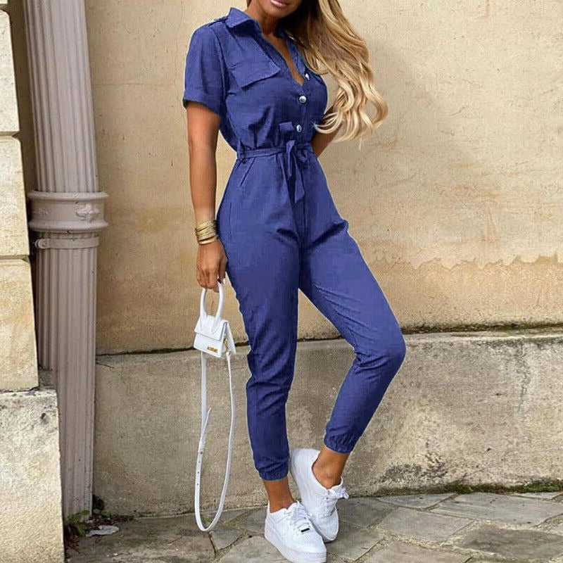 Women's jumpsuit - Fitted cut with belt - Short sleeves - Stripes - Button placket