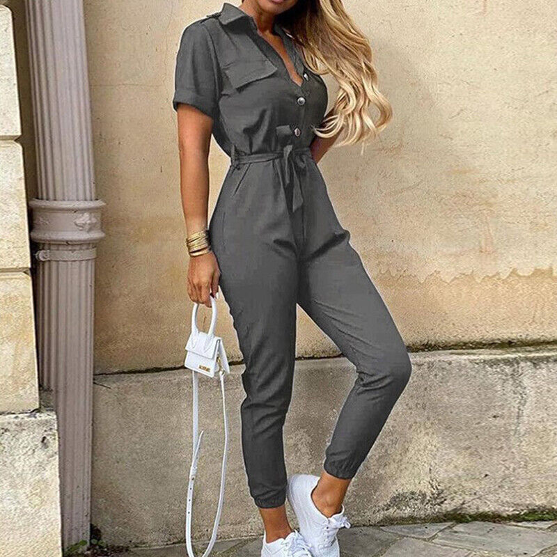 Women's jumpsuit - Fitted cut with belt - Short sleeves - Stripes - Button placket