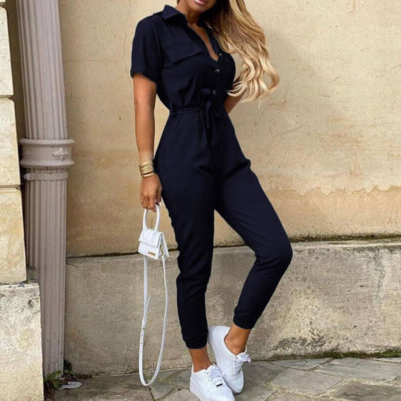 Women's jumpsuit - Fitted cut with belt - Short sleeves - Stripes - Button placket