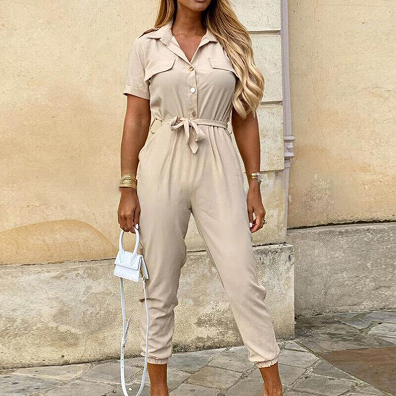 Women's jumpsuit - Fitted cut with belt - Short sleeves - Stripes - Button placket