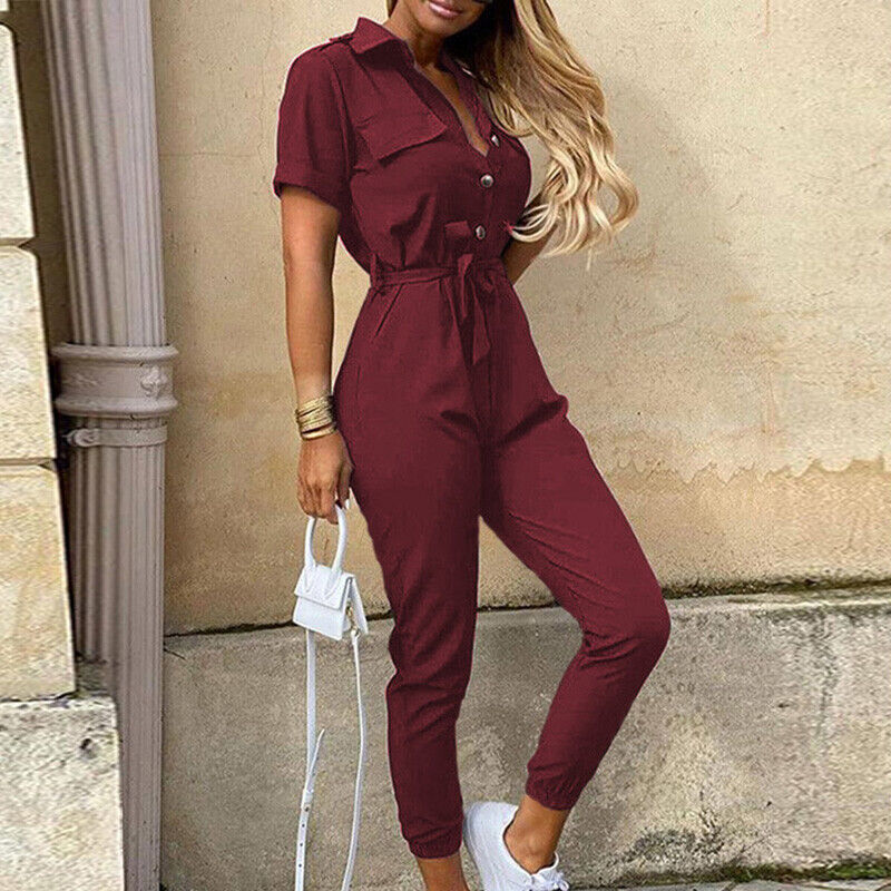 Women's jumpsuit - Fitted cut with belt - Short sleeves - Stripes - Button placket