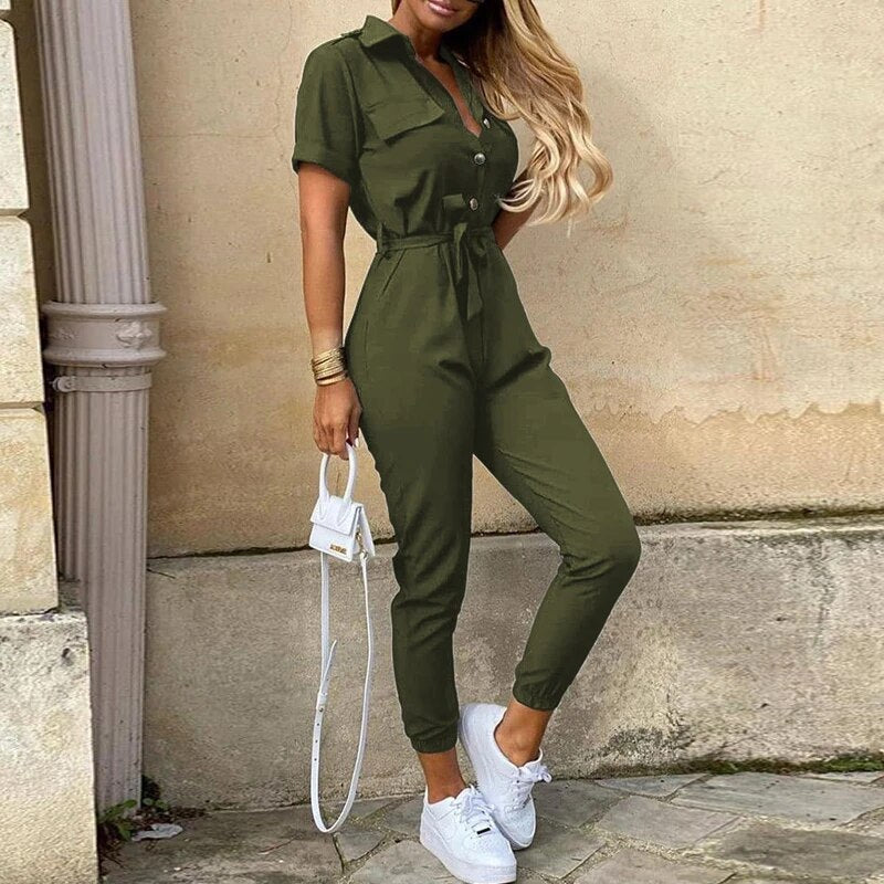 Women's jumpsuit - Fitted cut with belt - Short sleeves - Stripes - Button placket