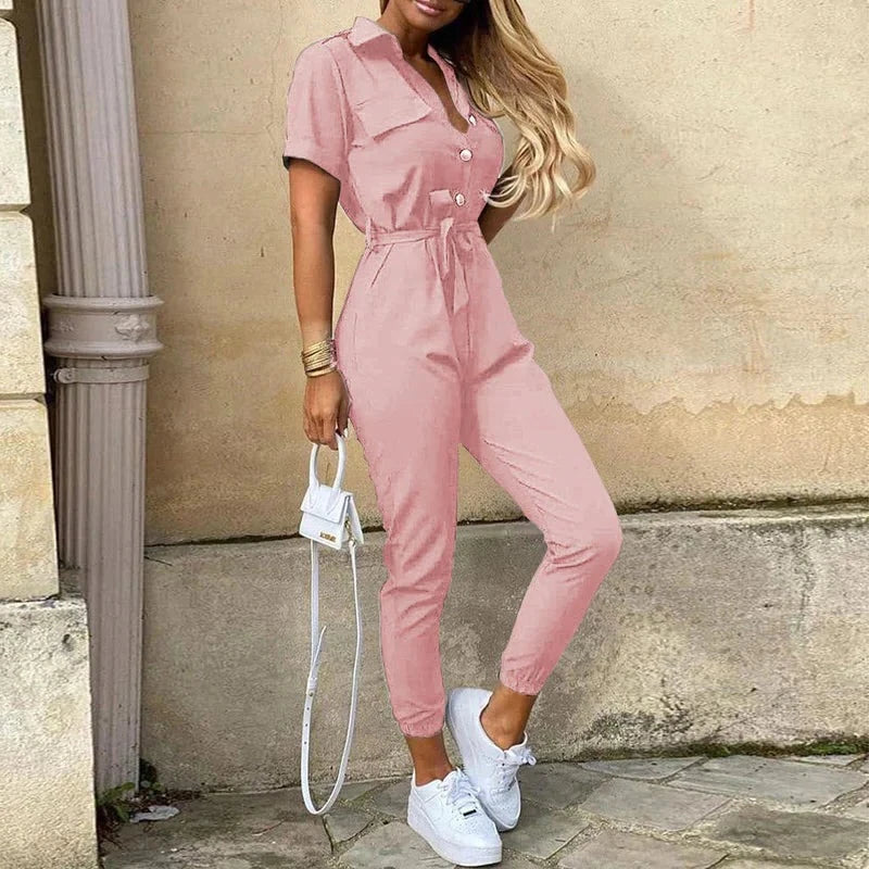Women's jumpsuit - Fitted cut with belt - Short sleeves - Stripes - Button placket
